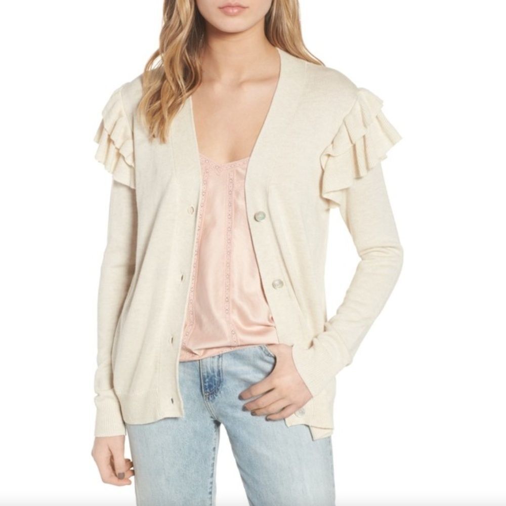 NWT Hinge Ruffle Sleeve Cream Button Cardigan Sweater Nordstrom Womens XXS